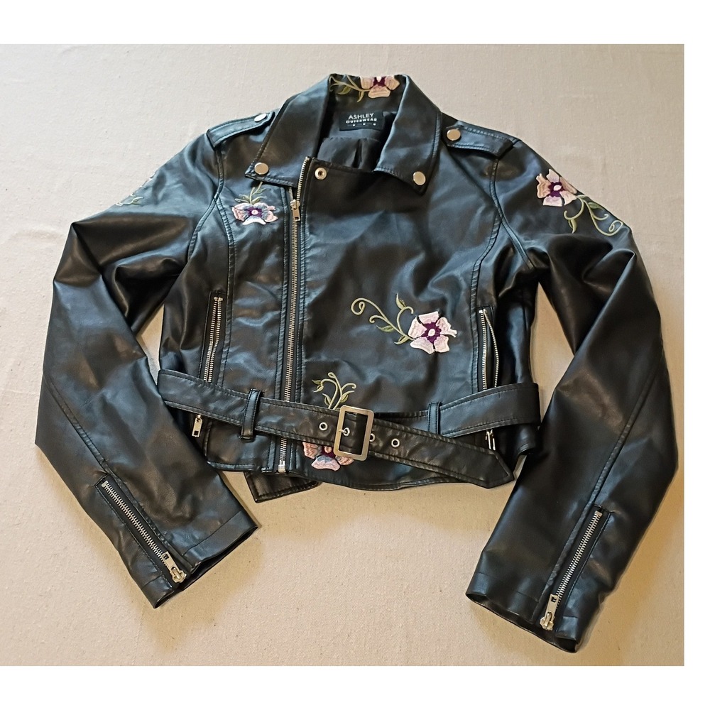 Ashley by 26 International  Black Floral Embroidered Faux Leather Moto Jacket